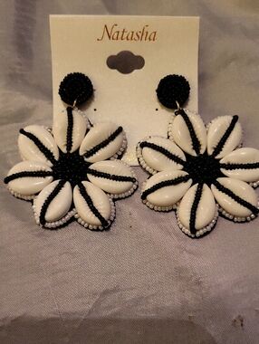 Natasha Couture Black & White Shell Floral Beaded Drop Earrings TL